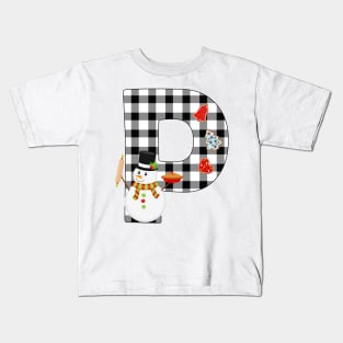 BW Buffalo Checks Pattern Monogram P | Snowman Kids T-Shirt